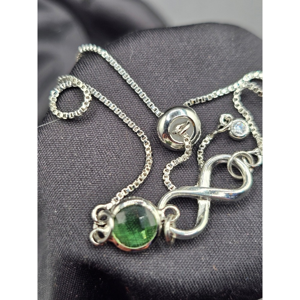 Infinity Green Stone Bolo Bracelet Silver Tone Adjustable Box Chain Jewelry SS